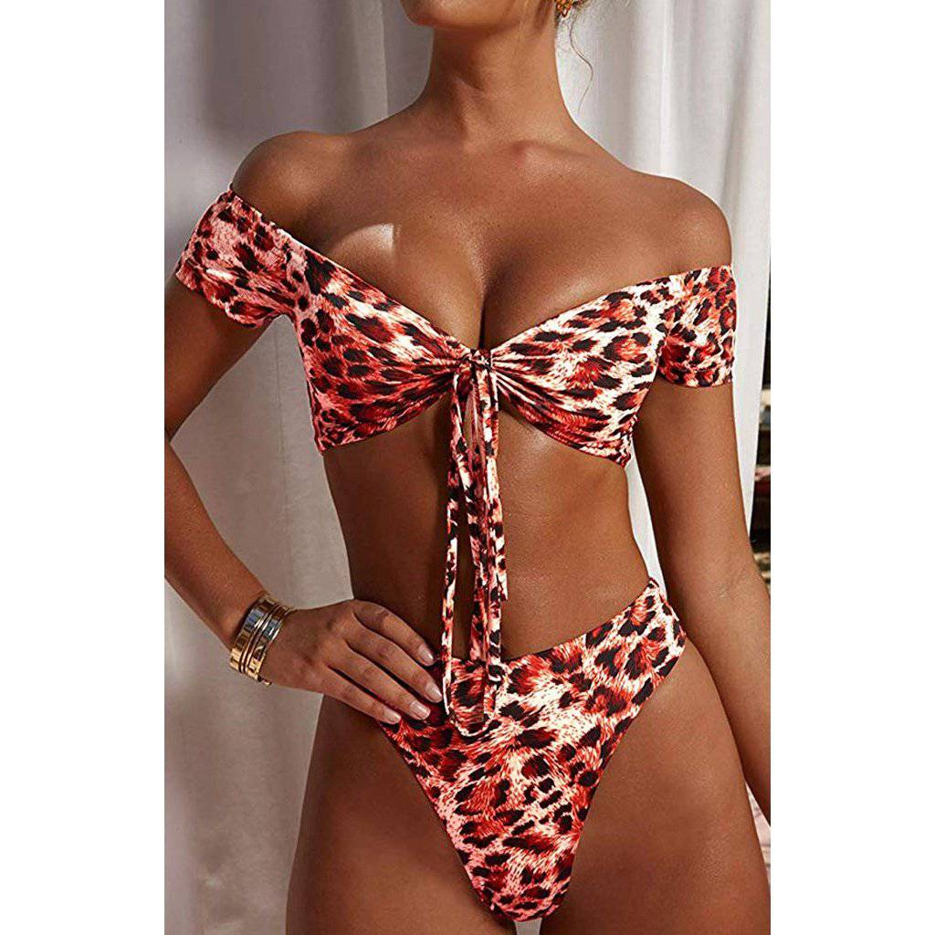 Leopard Print Knot Front Crop Off Bikini Photo Set