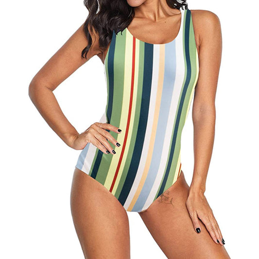 Colored Stripes Back Criss Cross Straps Retro Swimsuit Photo Set