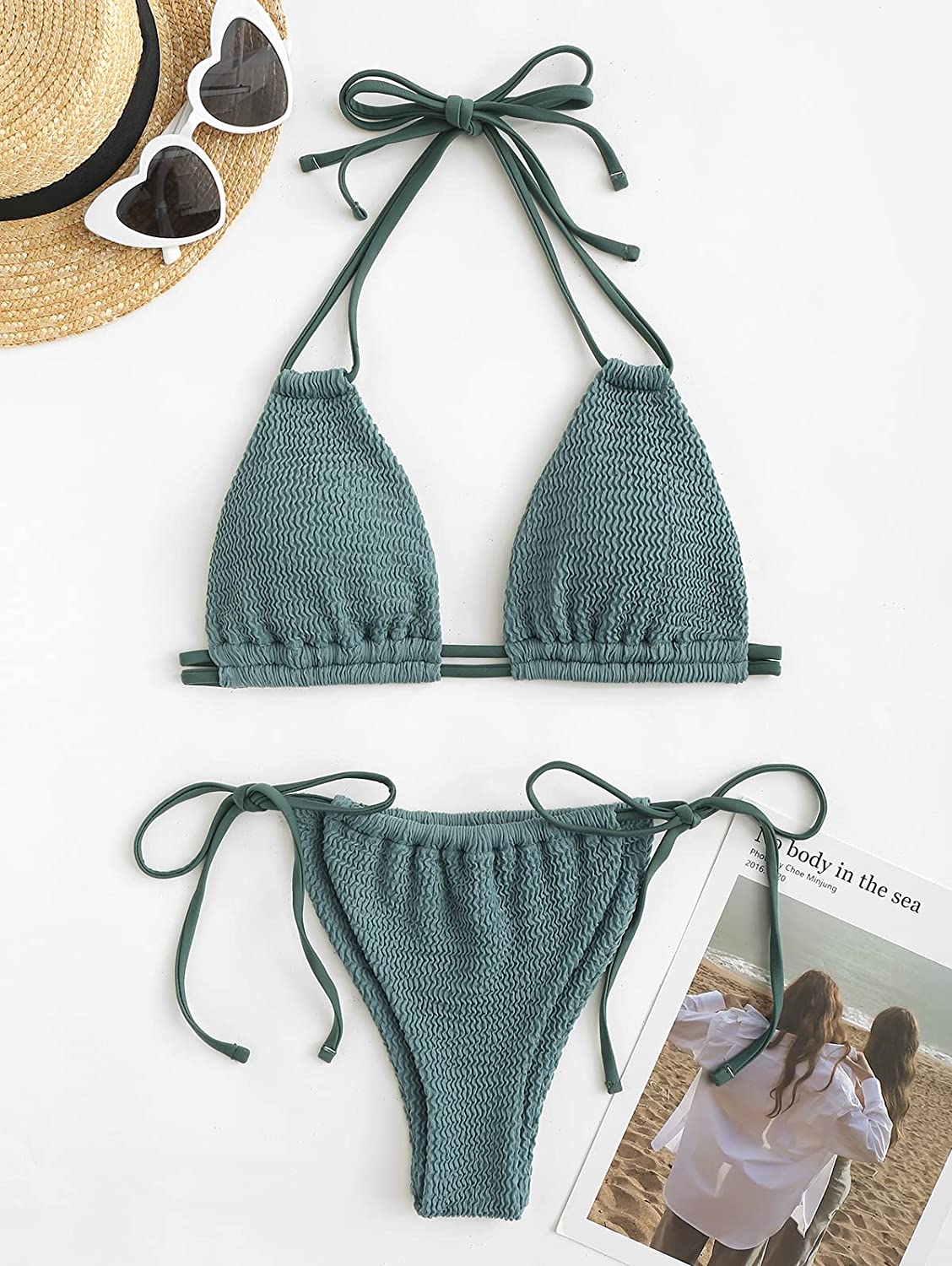 Kendra Textured Halter String Bikini Photo Set